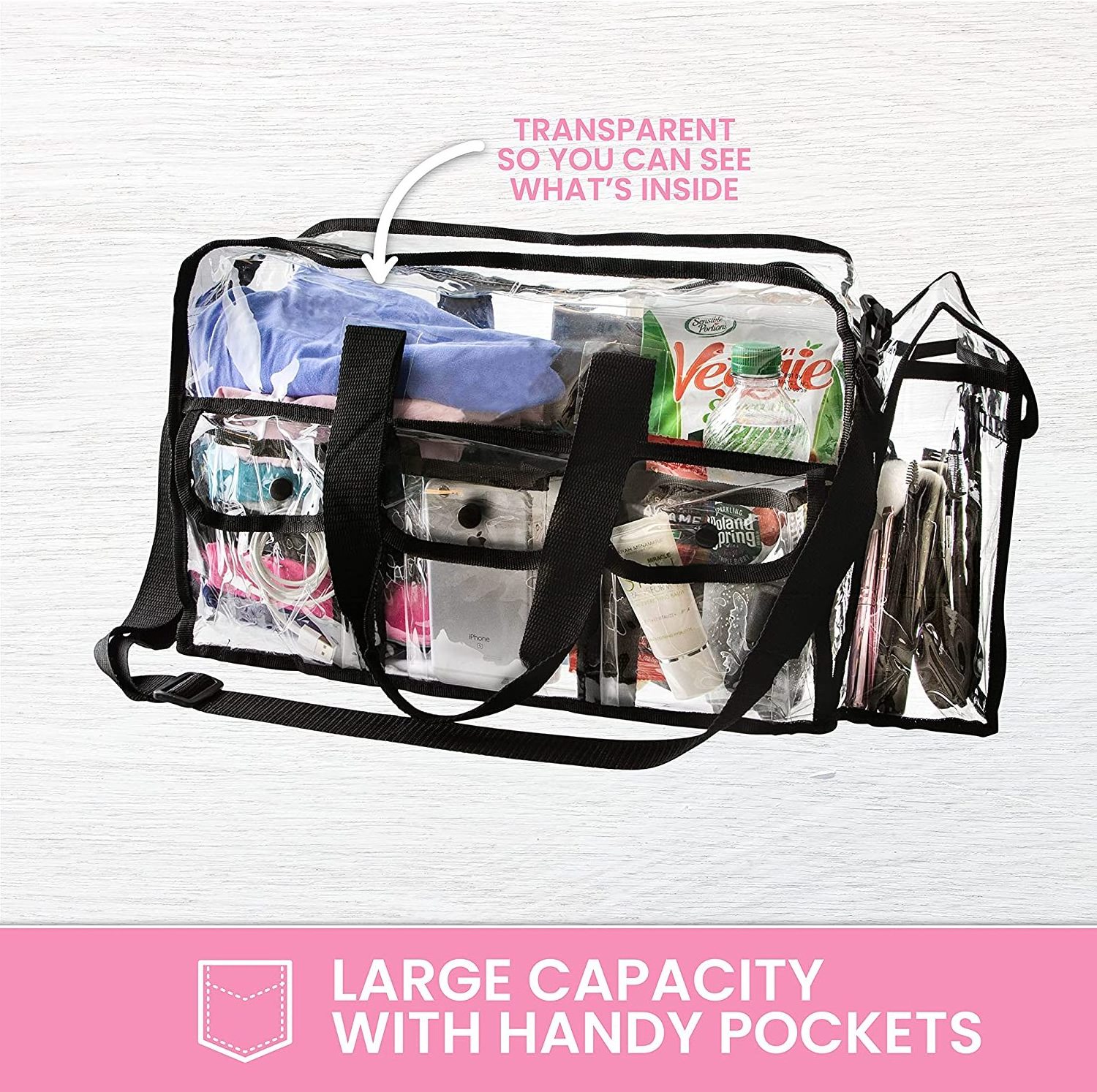 Custom travel toiletries 4 external pockets adjustable straps large transparent pvc makeup bag zipper