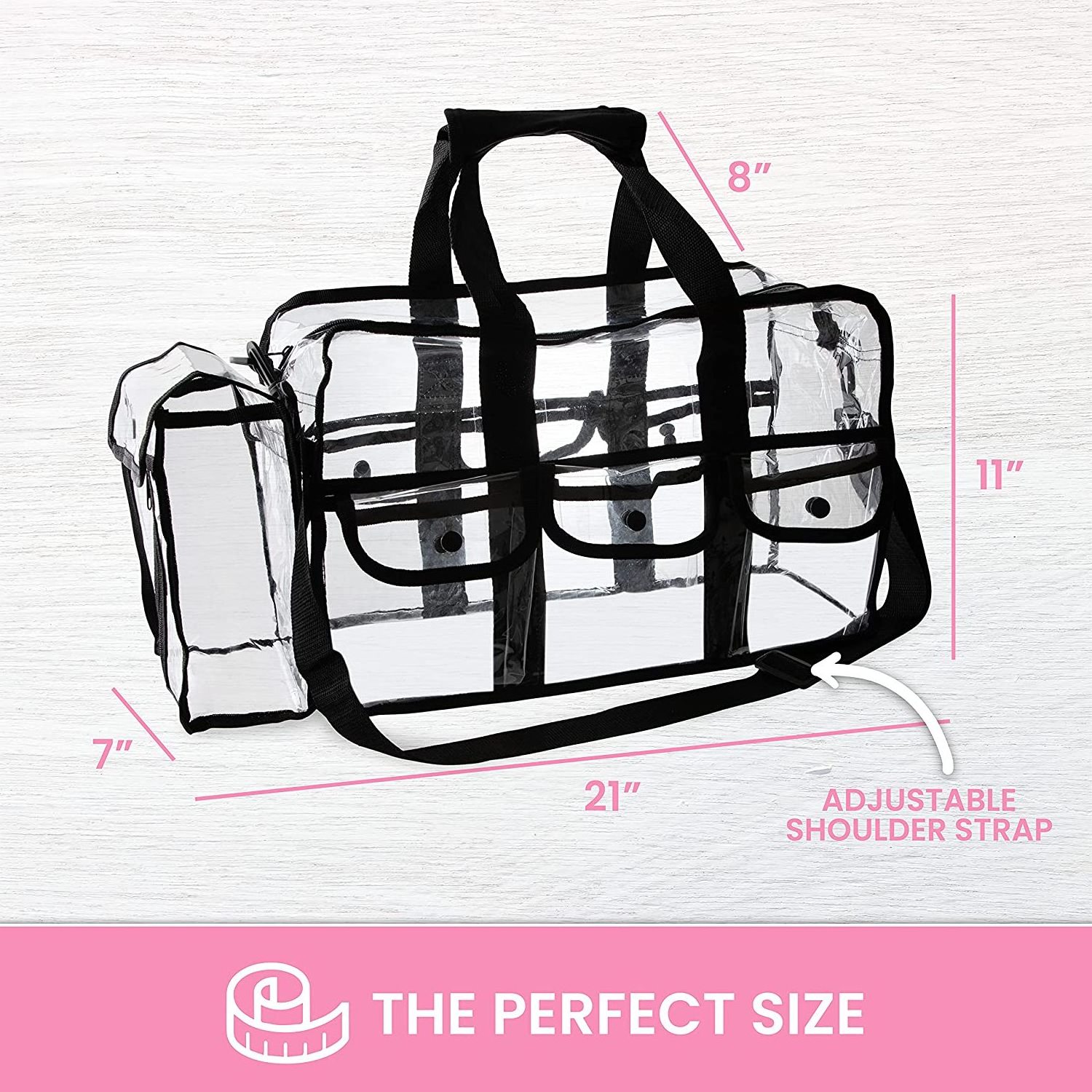 Custom travel toiletries 4 external pockets adjustable straps large transparent pvc makeup bag zipper