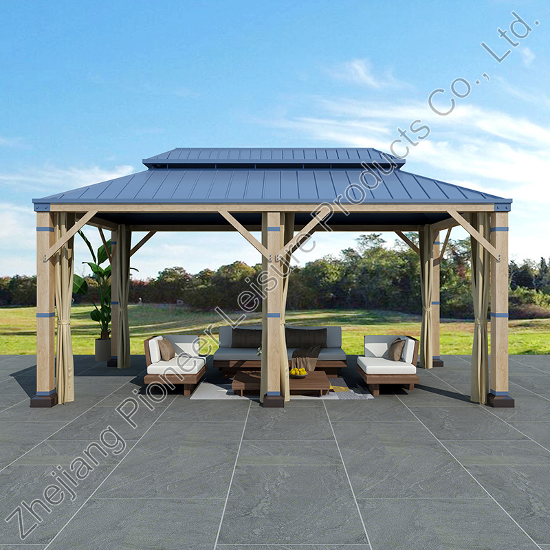 Luxury Outdoor Patio 12*20 ft. Cedar Framed Galvanized Steel Double Roof Hardtop Gazebo for Hotel