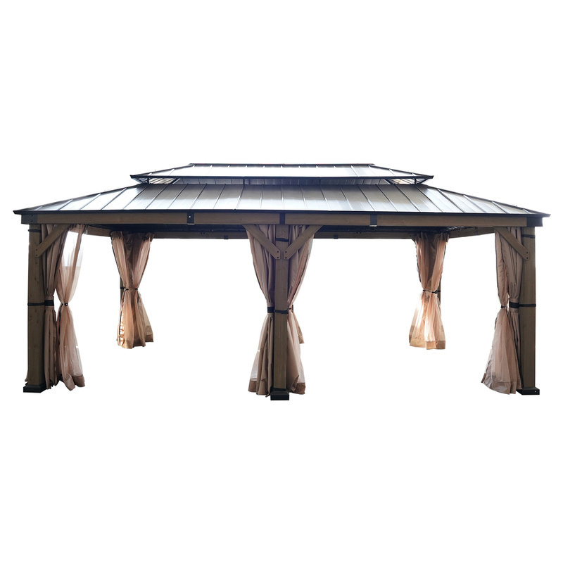 Factory Directly Outdoor Living 12*20 ft. Cedar Framed Double Roof Steel Hardtop Gazebo with Curtains and Netting for Patio