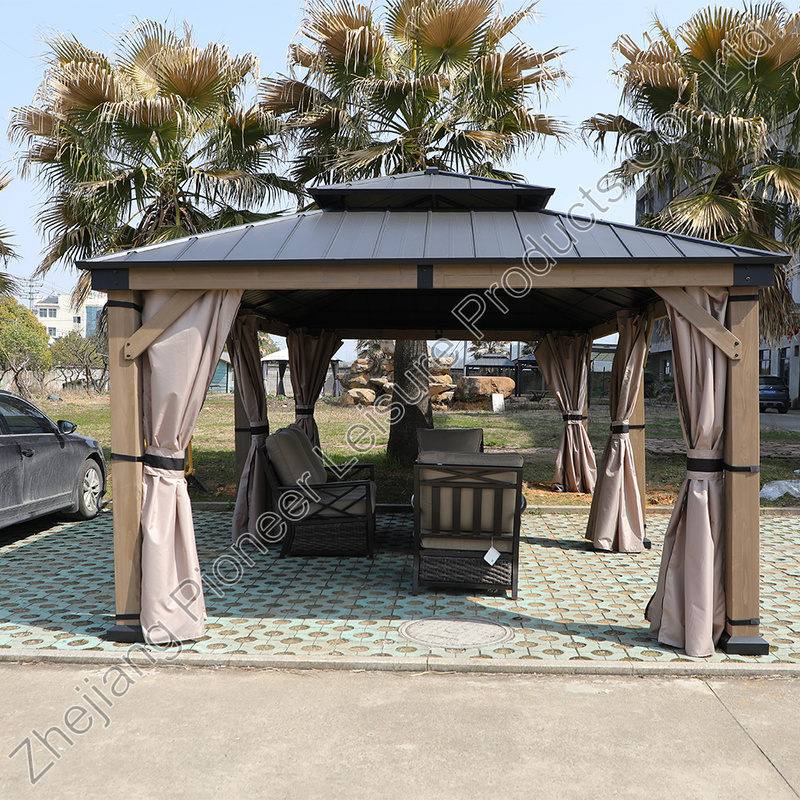 Factory Directly Outdoor Living 12*20 ft. Cedar Framed Double Roof Steel Hardtop Gazebo with Curtains and Netting for Patio