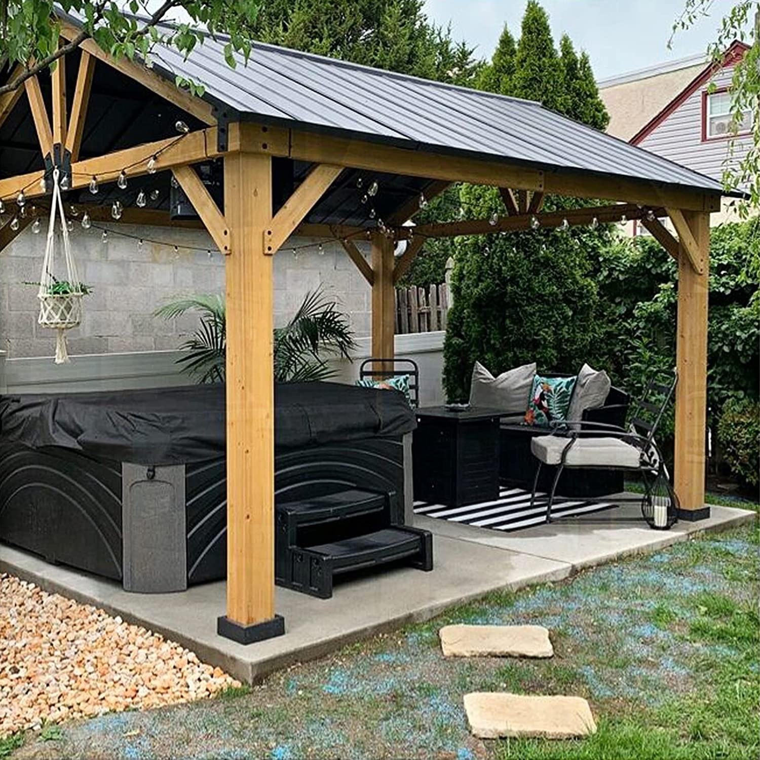 10 X 12 ft Outdoor Cedar Framed Galvanized Steel Double Roof Wood hardtop wooden Gazebo for Backyard