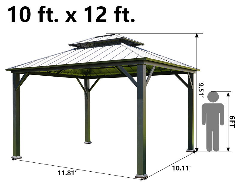 Factory Direct Wholesale 10X12 ft. Promotional Steel Framed Galvanized Steel Roof Outdoor Gazebo Hardtop For Garden Lawn