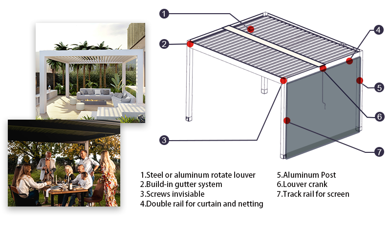 Most Popular Modern Patio Pergola Gazebo 10x13 ft. Aluminum Adjustable Outdoor Louvered Pergola With Curtains And Netting