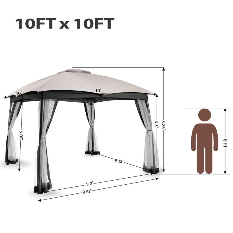 Outdoor Double Vent Canopy With Netting Screen Heavy Duty Steel Patio Gazebo 10x10 For Deck Backyard