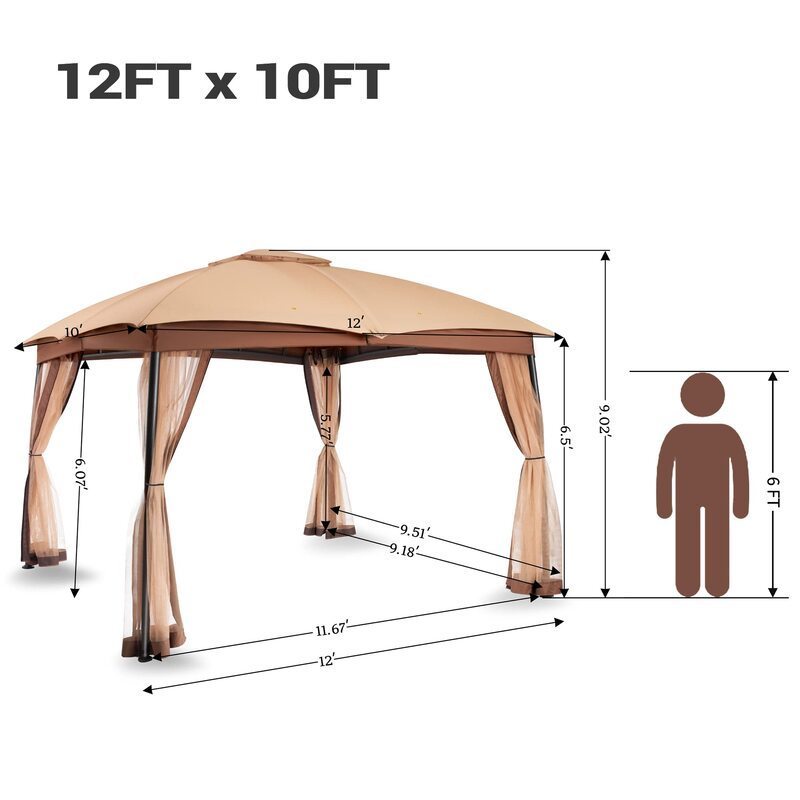 Canopies Gazebos & Pergolas Collection 10 ft. x 12 ft. Khaki Steel Frame Double Roof Patio Outdoor Gazebo For Lawn Garden