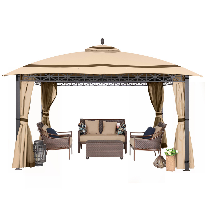 Outdoor Gazebo Vendor Double Roof Steel Framed Patio Gazebo With Mosquito Netting And Curtains For Backyard Garden Lawn