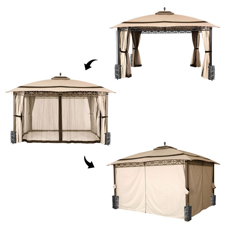 Outdoor Gazebo Vendor Double Roof Steel Framed Patio Gazebo With Mosquito Netting And Curtains For Backyard Garden Lawn