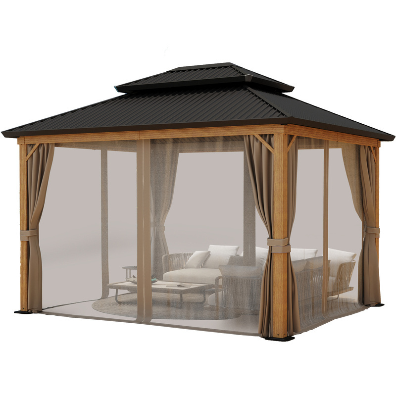 USA Warehouse Stock Double Roof Hardtop Wood Grain Gazebo With Part Accessories For Garden Yard Villa