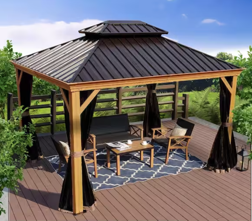 USA Warehouse Stock Double Roof Hardtop Wood Grain Gazebo With Part Accessories For Garden Yard Villa