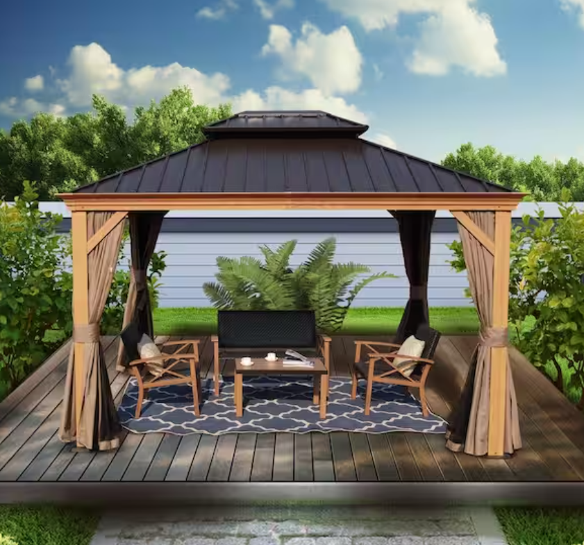 USA Warehouse Stock Double Roof Hardtop Wood Grain Gazebo With Part Accessories For Garden Yard Villa