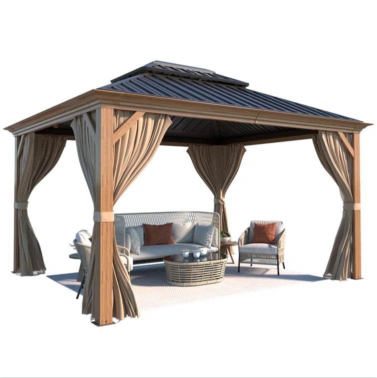 STOCK IN USA Mini Quantity 1 Piece 10x12 ft. Outdoor Double Roof  Wood Grain Gazebo For Patio Includes Curtains and Netting