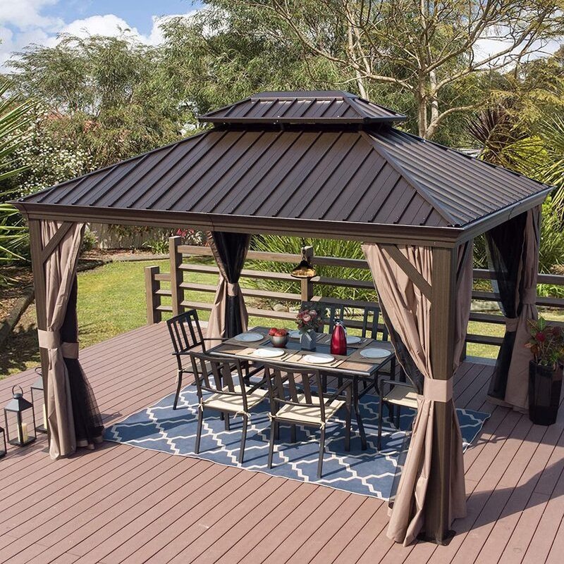 Stock In USA Available Garden Waterproof 10x12 ft. Aluminum Hardtop Gazebo For Outdoor Backyard Deck Within Curtain And Netting