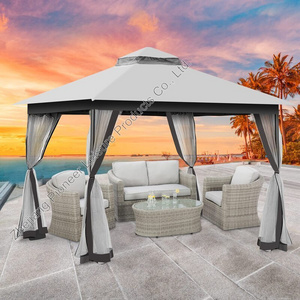 Stock 10'x13' Patio Gazebo Steel Waterproof Grey Outdoor Gazebo Canopy Shelter With Netting Sandbag For Backyard Lawn Deck Pool