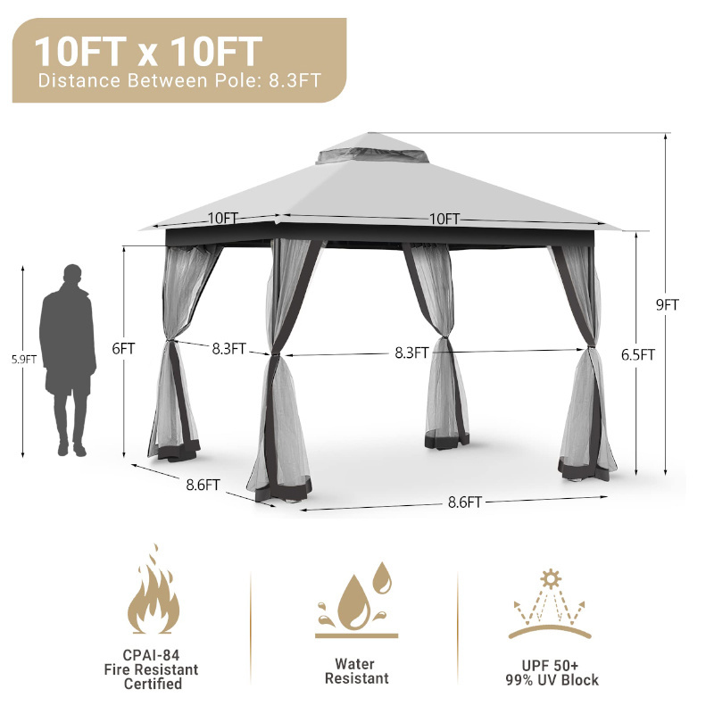 10x10ft Overhanging Eaves Sturdy Steel Frame Double Soft Roof Gazebo Canopy With PA Coating Cover & Netting For Deck Backyard