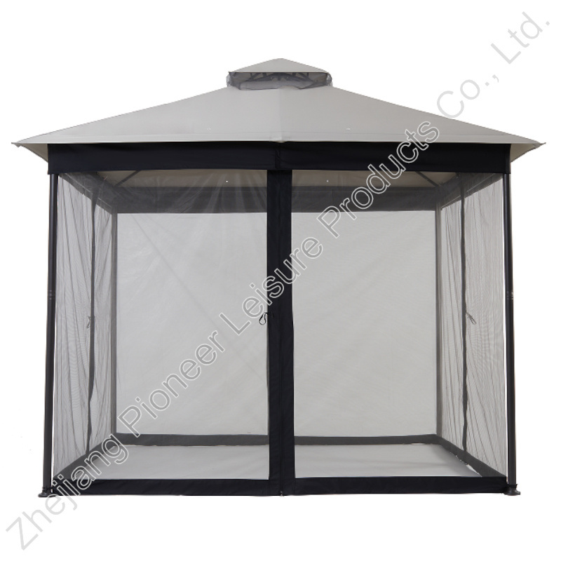 10x10ft Overhanging Eaves Sturdy Steel Frame Double Soft Roof Gazebo Canopy With PA Coating Cover & Netting For Deck Backyard