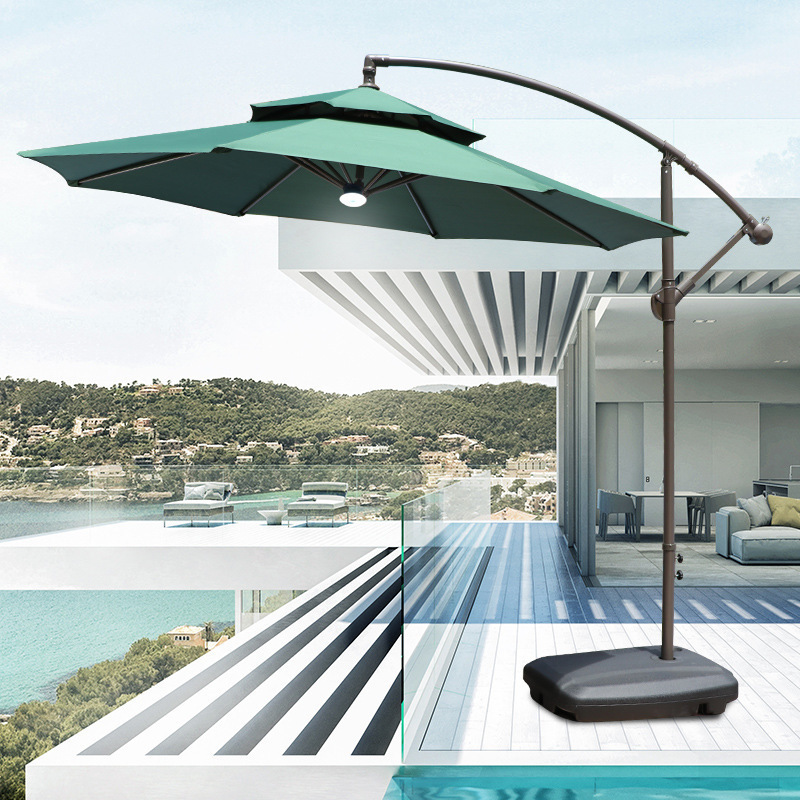 Outdoor furniture 210D polyester market umbrella 9ft wholesale big size parasol & base patio umbrella with solar light