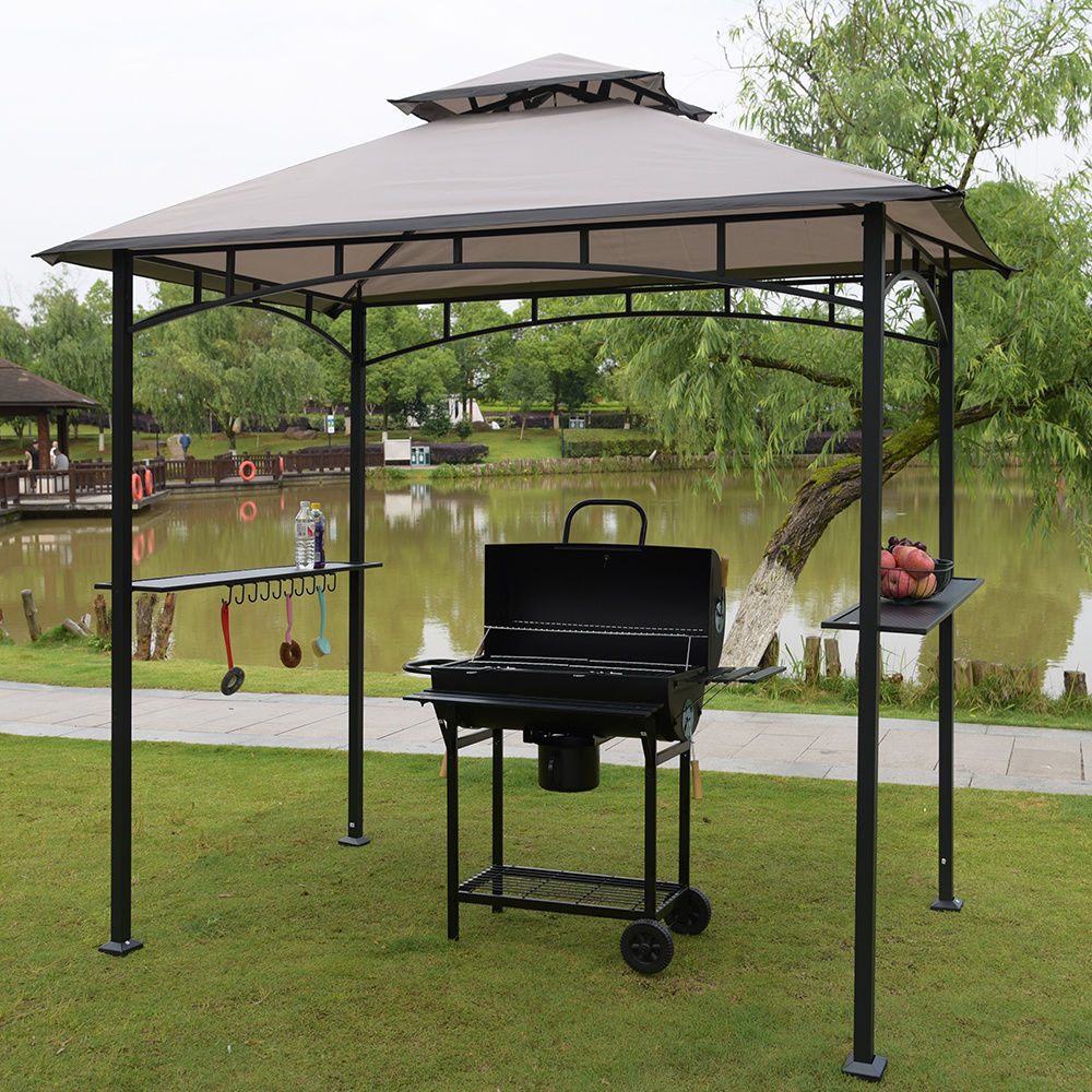 8x5Ft BBQ Grill Gazebo Replacement Tent Cover Double Canopy gray awning shelter with remove bar