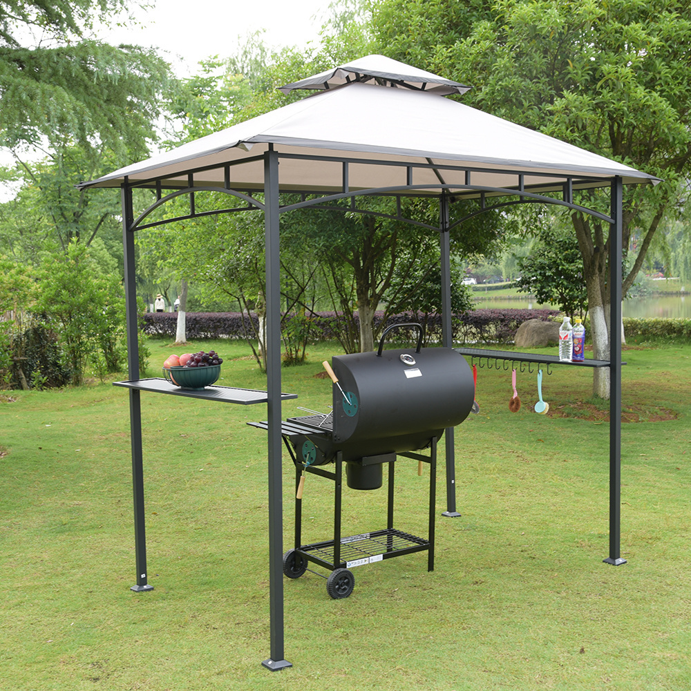 8x5Ft BBQ Grill Gazebo Replacement Tent Cover Double Canopy gray awning shelter with remove bar