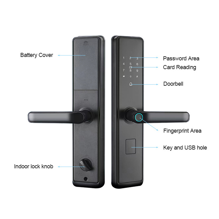 Good price House deadbolt mortise latch door locks fingerprint handle with keys finger print Locker Lock with USB Charging Black