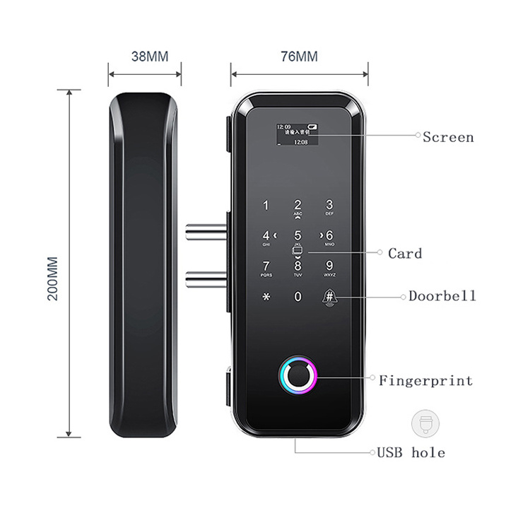 OEM security smart home glass main door locks handle knob for Fingerprint Locker Lock with USB Charging Black tuya wifi keys