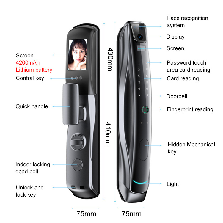 3D Facial Biometric Fingerprint Recognition Keyless Entry Deadbolt Embedded Hidden Automatic Smart Lock