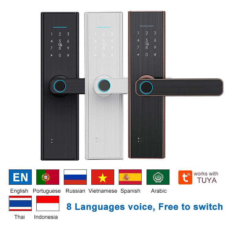 8 language Voice Wholesale Price WIFI APP Control Fingerprint Keyless Tuya Smart Door Locks For Wooden Door