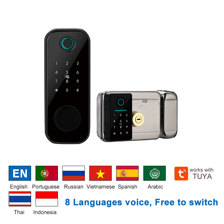 12 Language Tuya App Smart Doorlock Waterproof Outdoor Gate Rim Wifi Double Fingerprint Digital Keypad Electronict Door Lock