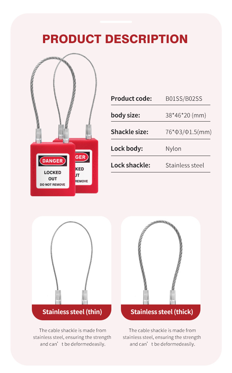 Lockout Tagout Industrial safety steel cable lock with flexible wire padlock loto safety padlock