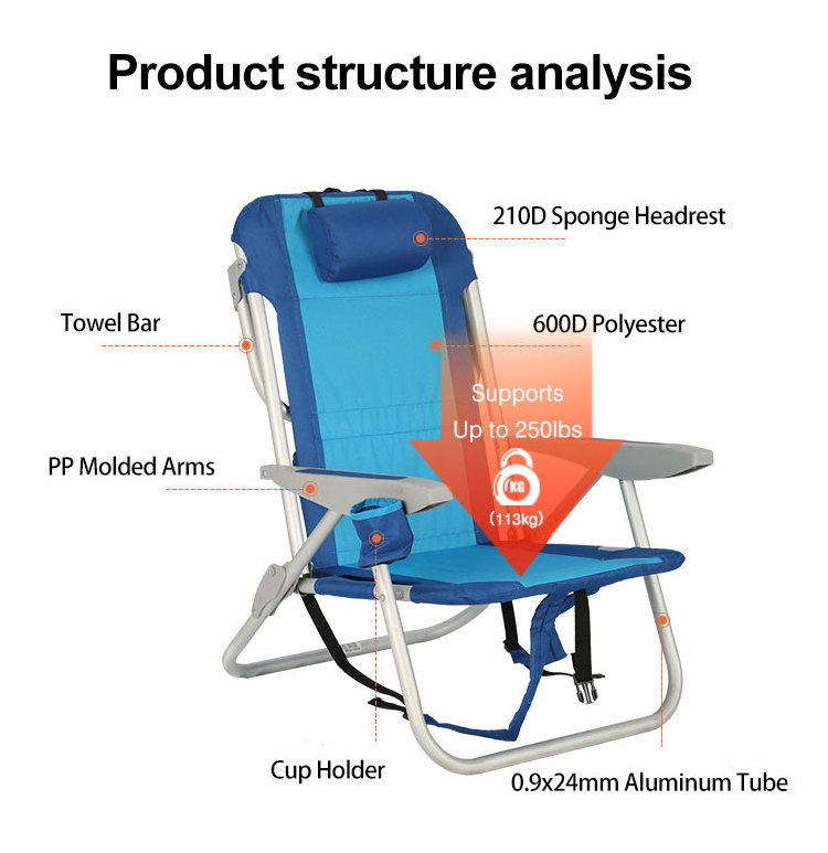 outdoor 5-positions portable lightweight folding aluminum beach camping backpack chair with cooler bag