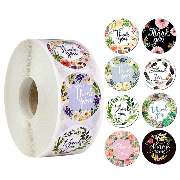 Round floral thank you package seal labels custom stickers die cut for decoration