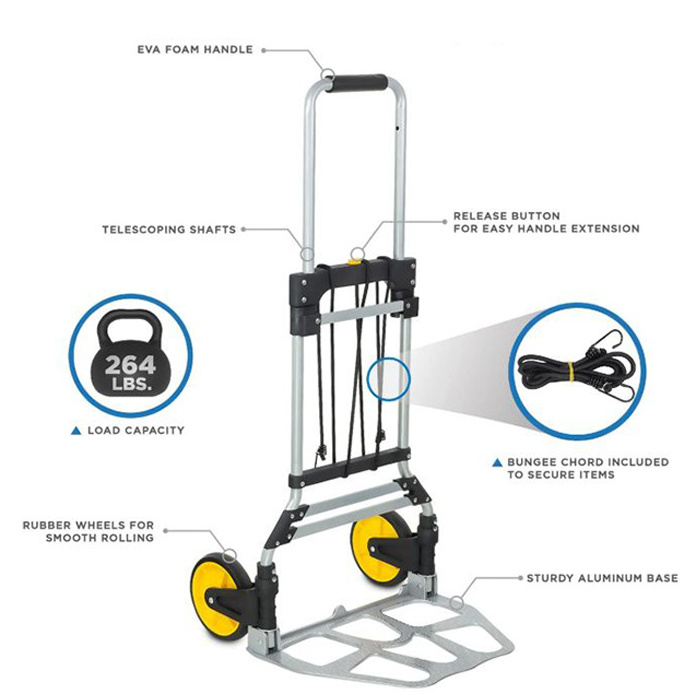 Aluminum Luggage Cart Folding Trolley Cart With 2 Big Wheel Heavy Load Trolley Cart Hand Truck Trolley