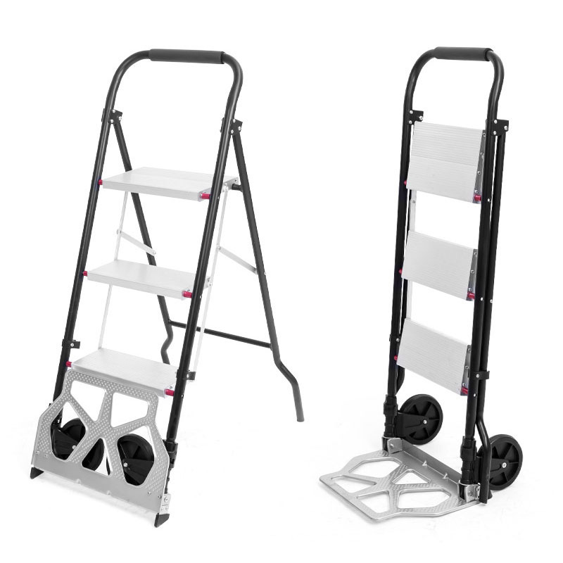 Multifunctional Ladder Hand Cart Folding Grocery Trolley Ladder Cart Aluminum Portable Cart 3 Step Ladder Hand Truck Trolley