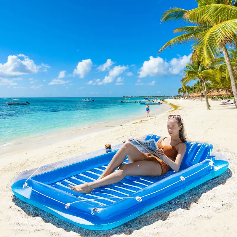 PVC Inflatable Pool Floats Boat for Adults Blow Up Tanning Bed Raft Tub with Inflatable Pillow for Family Outdoor