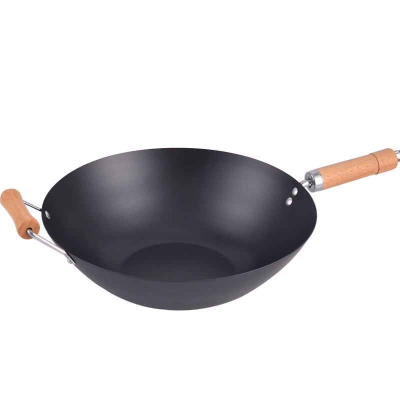 custom Chinese Kitchenware 1.5mm thickness two layer non stick carbon steel 14/ 35.5cm wok with Wooden Lid