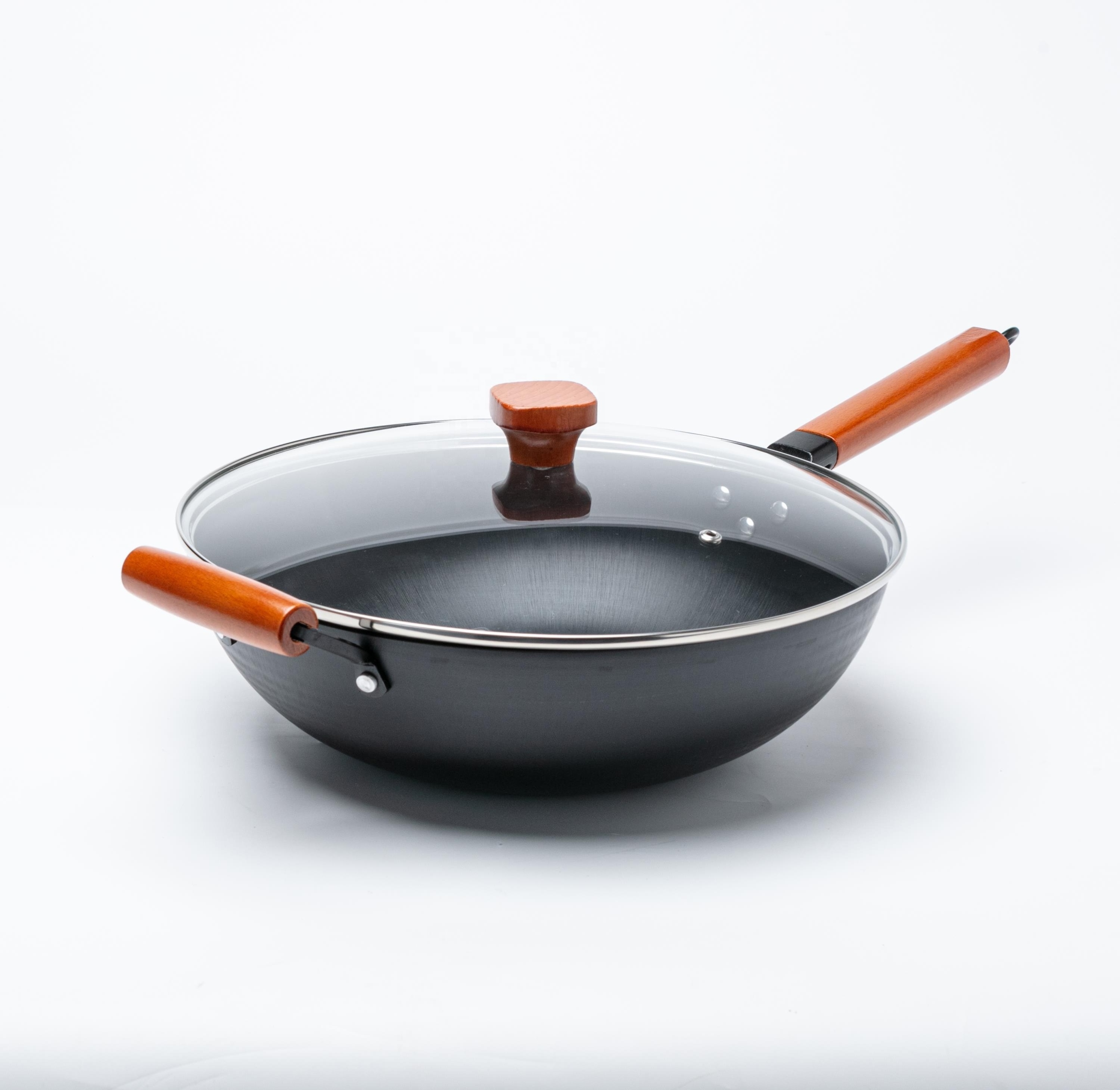 32cm nitriding  stir wok with two  wooden handle 2.3mm Carbon Steel cookware