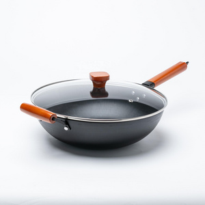 32cm nitriding  stir wok with two  wooden handle 2.3mm Carbon Steel cookware