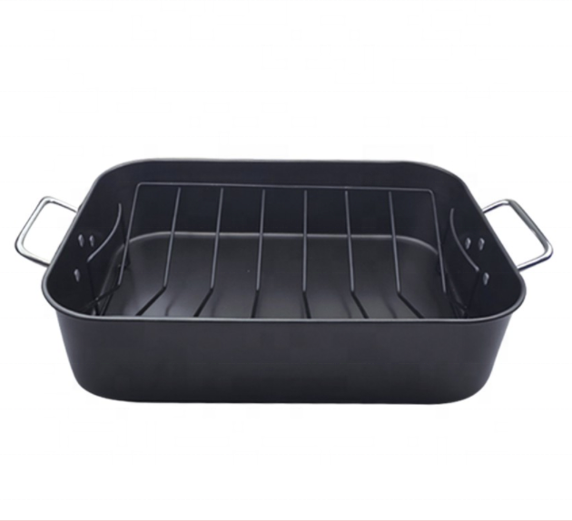 wholesale Carbon steel square roast pan non-stick Roaster coating turkey nonstick roasting pan with shape rack