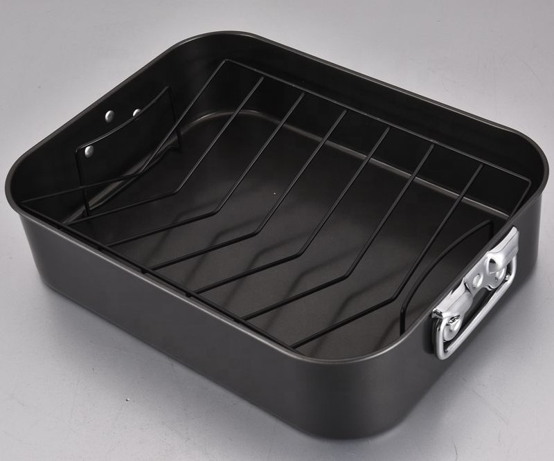 wholesale Carbon steel square roast pan non-stick Roaster coating turkey nonstick roasting pan with shape rack