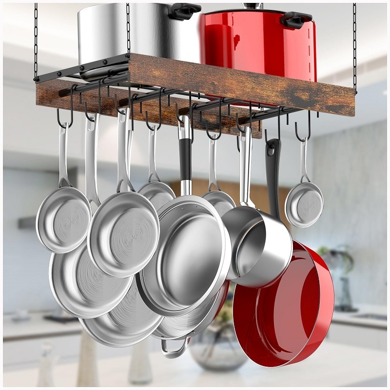 Pot Rack Hanging Hanger Rack Ceiling Mount Vintage Pot Hangers Ceiling Iron and Wood Pot Hanger