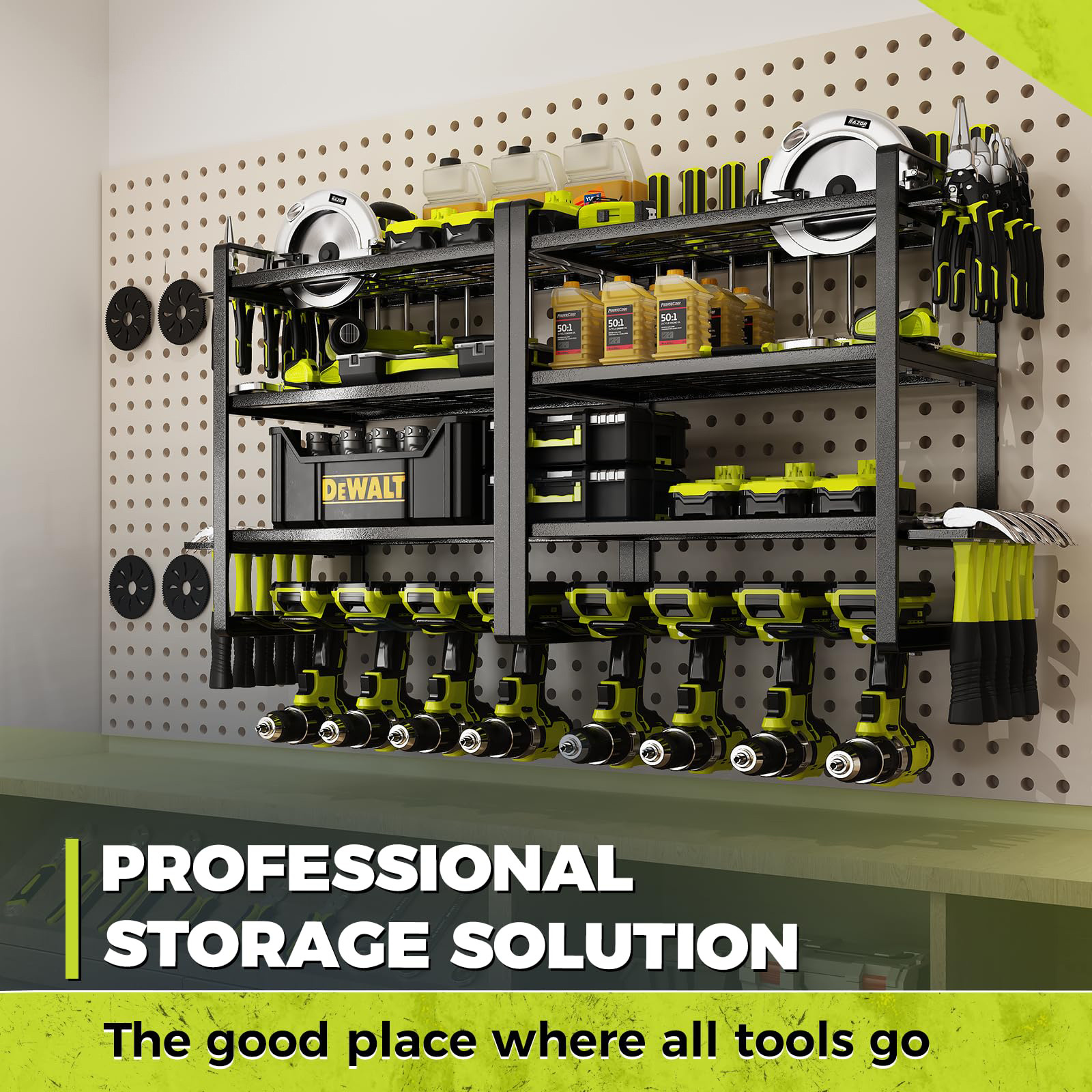 Power Tool Organizer 8 Drill Holder Wall Mount 4 Layers Garage Tool Organizers and Storage Rack