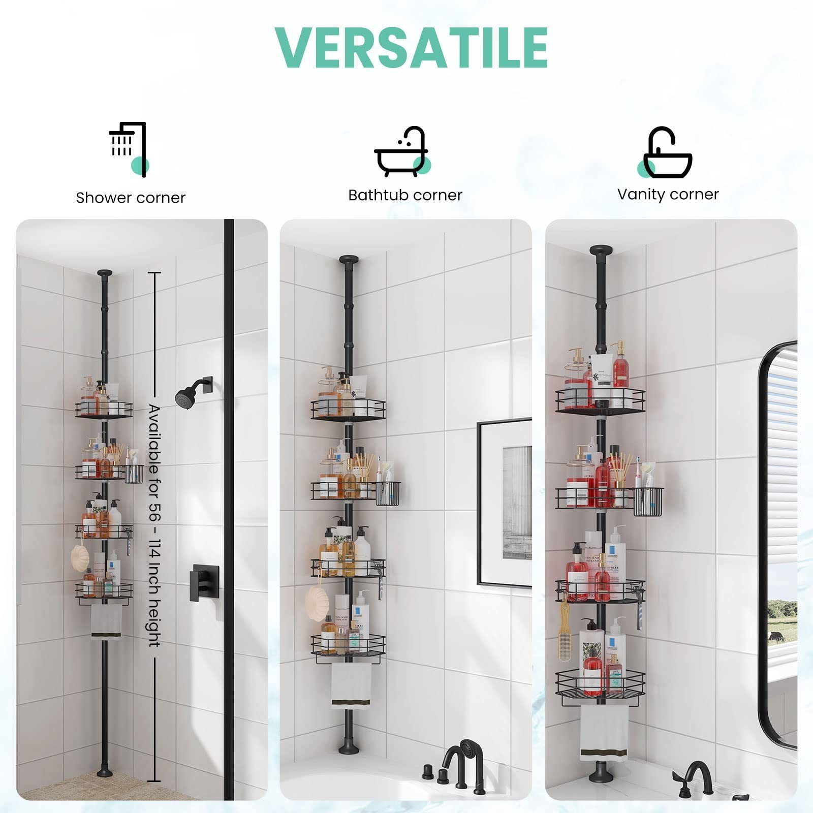 Good Selling 4 Tier Adjustable Telescopic Bathroom Wall Mounted Black Stainless Corner Shelf Shower Caddy