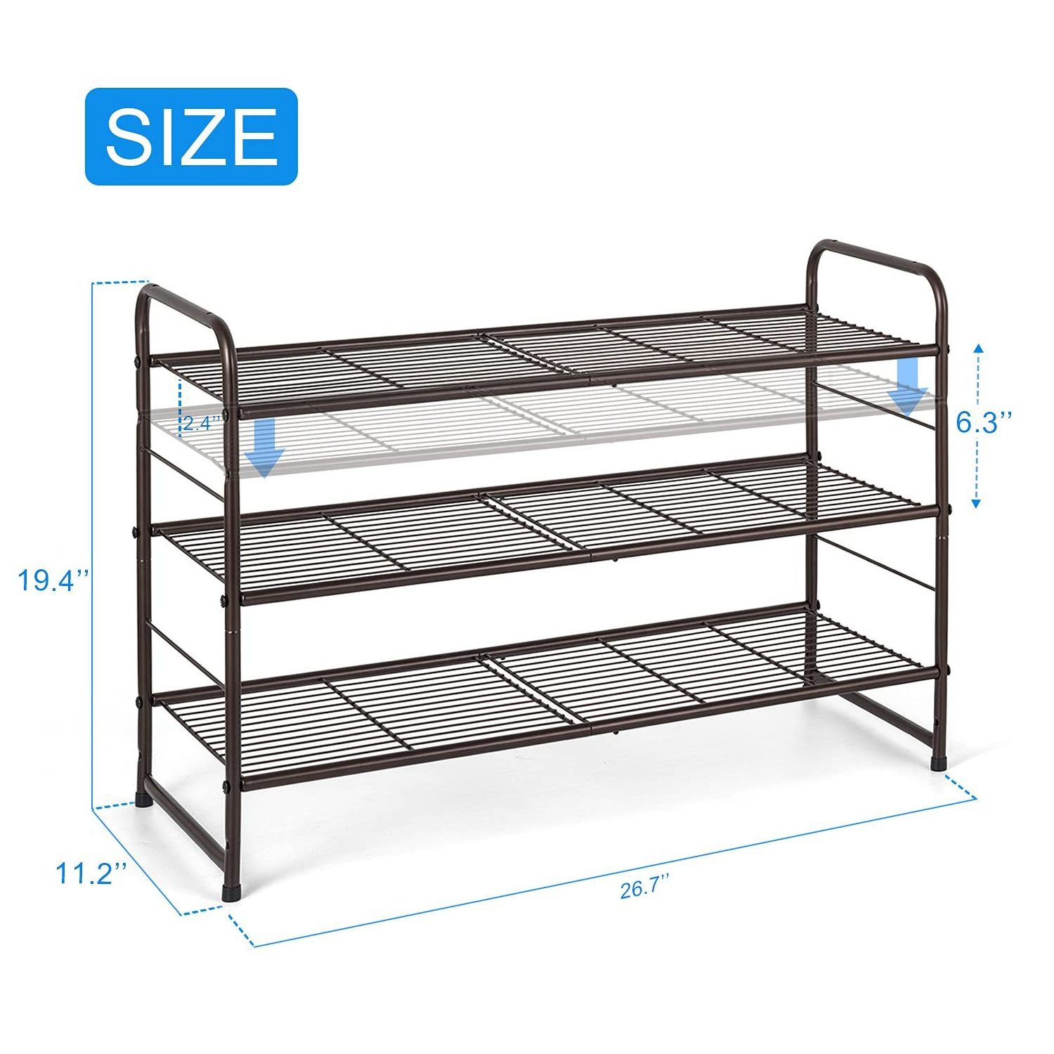 Hot Selling Adjustable Wire Grid 3-Tier Shoe Shelf Storage Organizer for Closet Bedroom Entryway