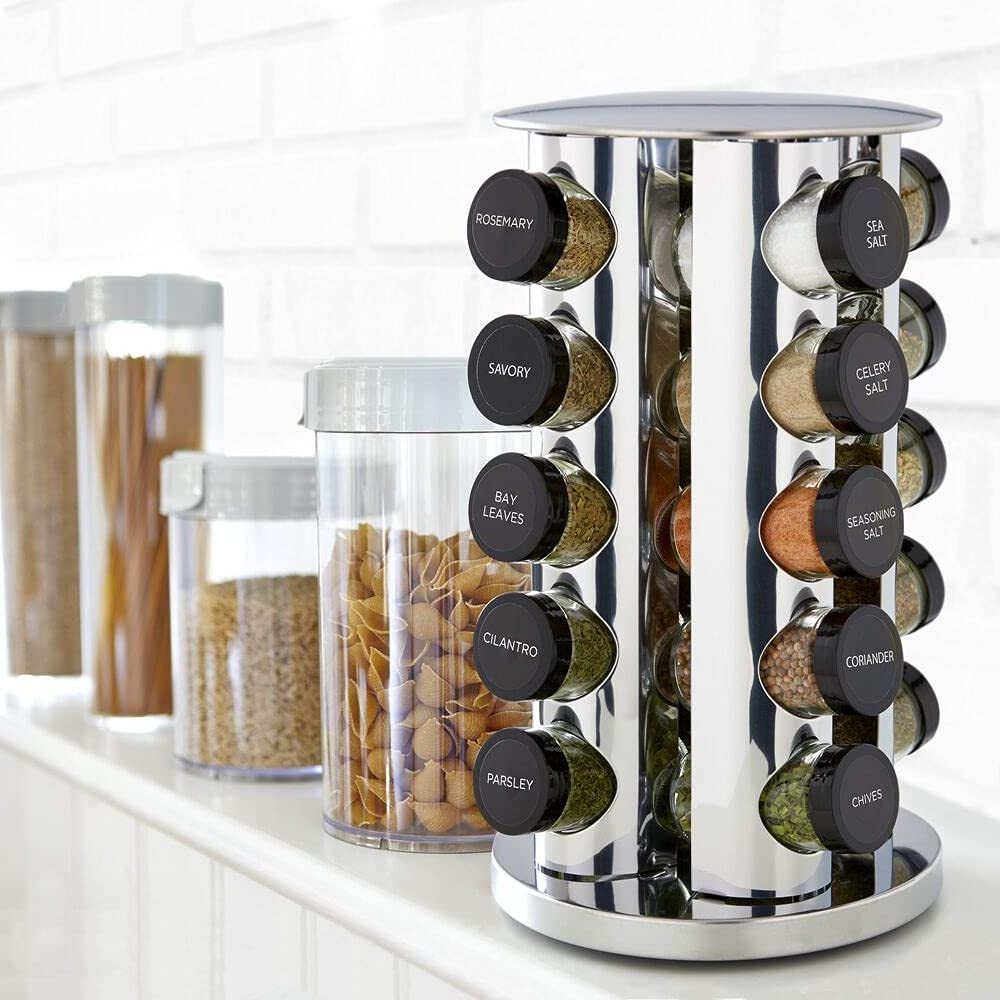 Silver Stainless Steel Revolving 20-Jar Countertop Rack Tower Organizer with Free Spice Refills