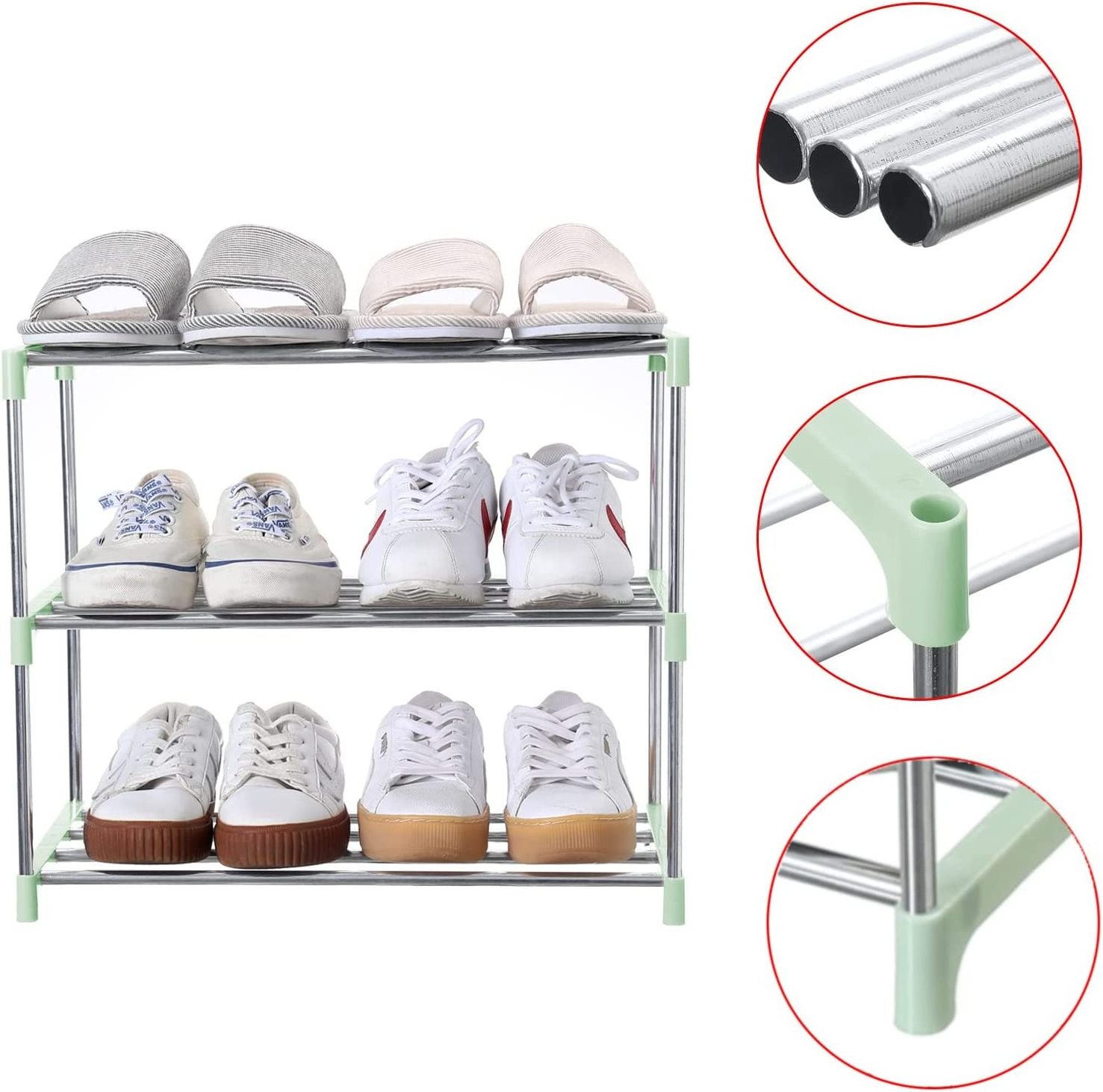 Saving Space Storage and Organization Stackable 3-Tier Green Metal Small Shoe Rack For Entryway Hallway and Closet