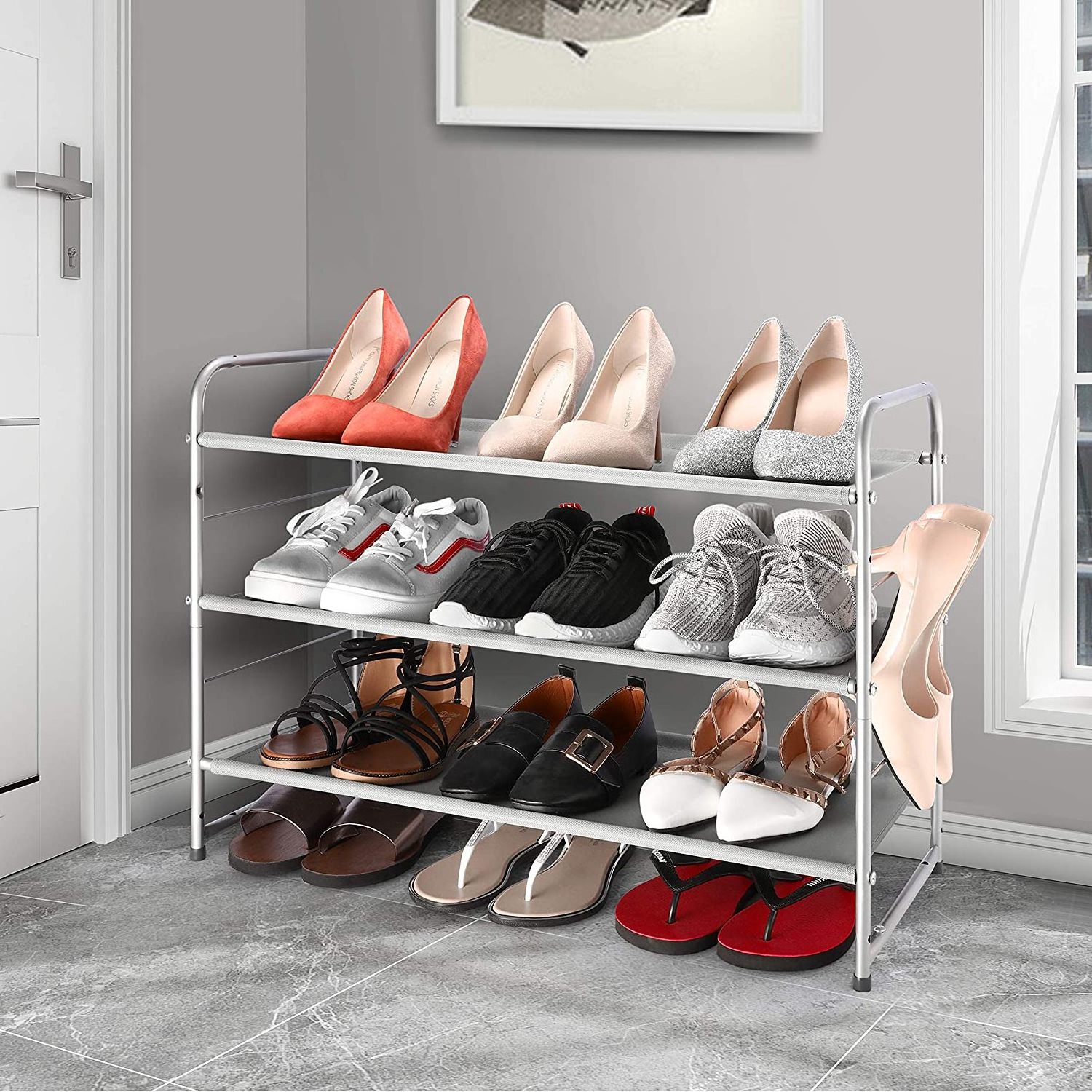 Space Saver 3 Tier White Modern Shoe Rack Expandable and Adjustable Fabric Shoe Shelf Storage Organizer for Home