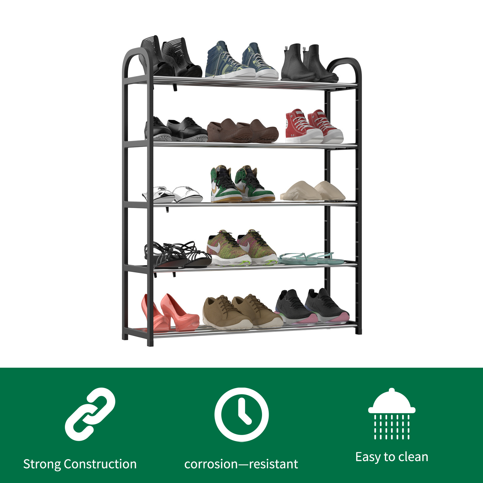 Cheap Home Space Saving Shoe Rack Organizer 5 Tier Black Metal Large Shoe Storage Rack for Living Room