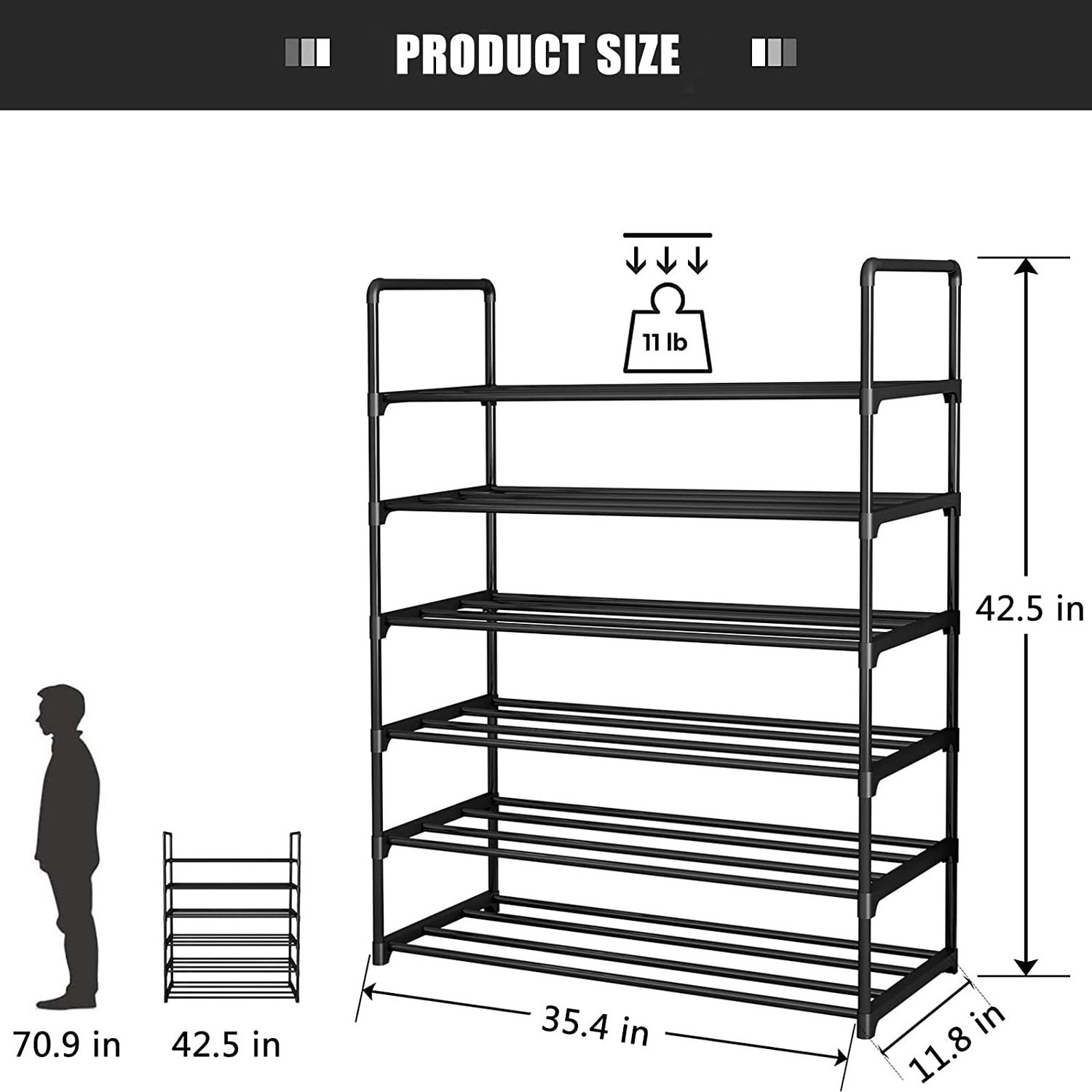 Sturdy and Durable 6 Tiers Black Metal Iron Stackable Shoe Rack for Closet Entryway Hallway Bedroom