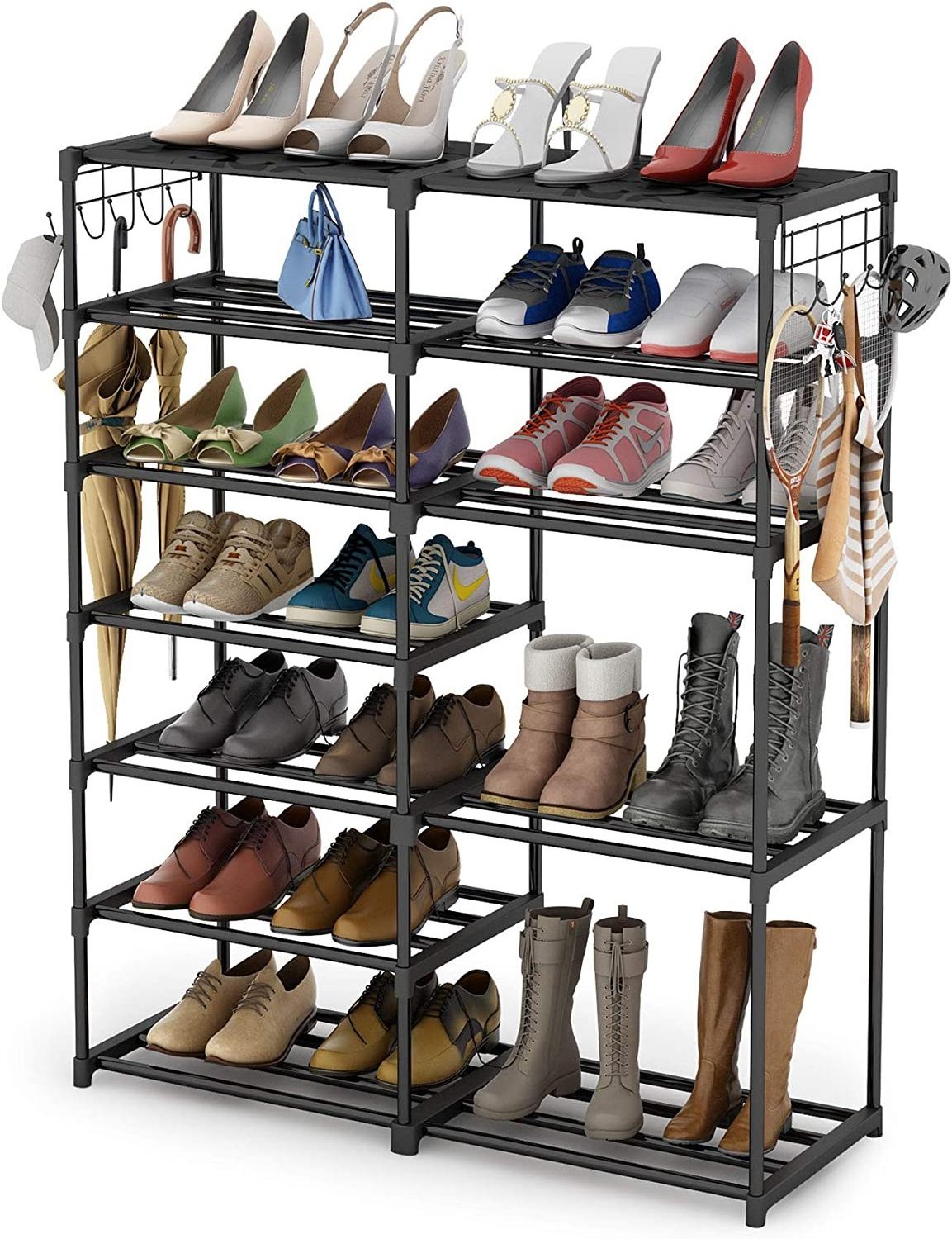 24-30 Pairs Free Standing Metal Closet Shoe Boots Storage Organizer with Side Hooks for Entryway closest