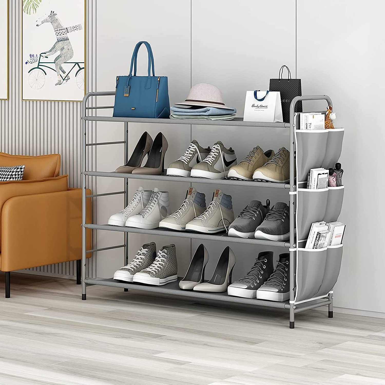 Free Standing 4 Tier Grey Metal Shoe Shelf Compact Shoe Organizer with Side Bag for Entryway Closet Bedroom